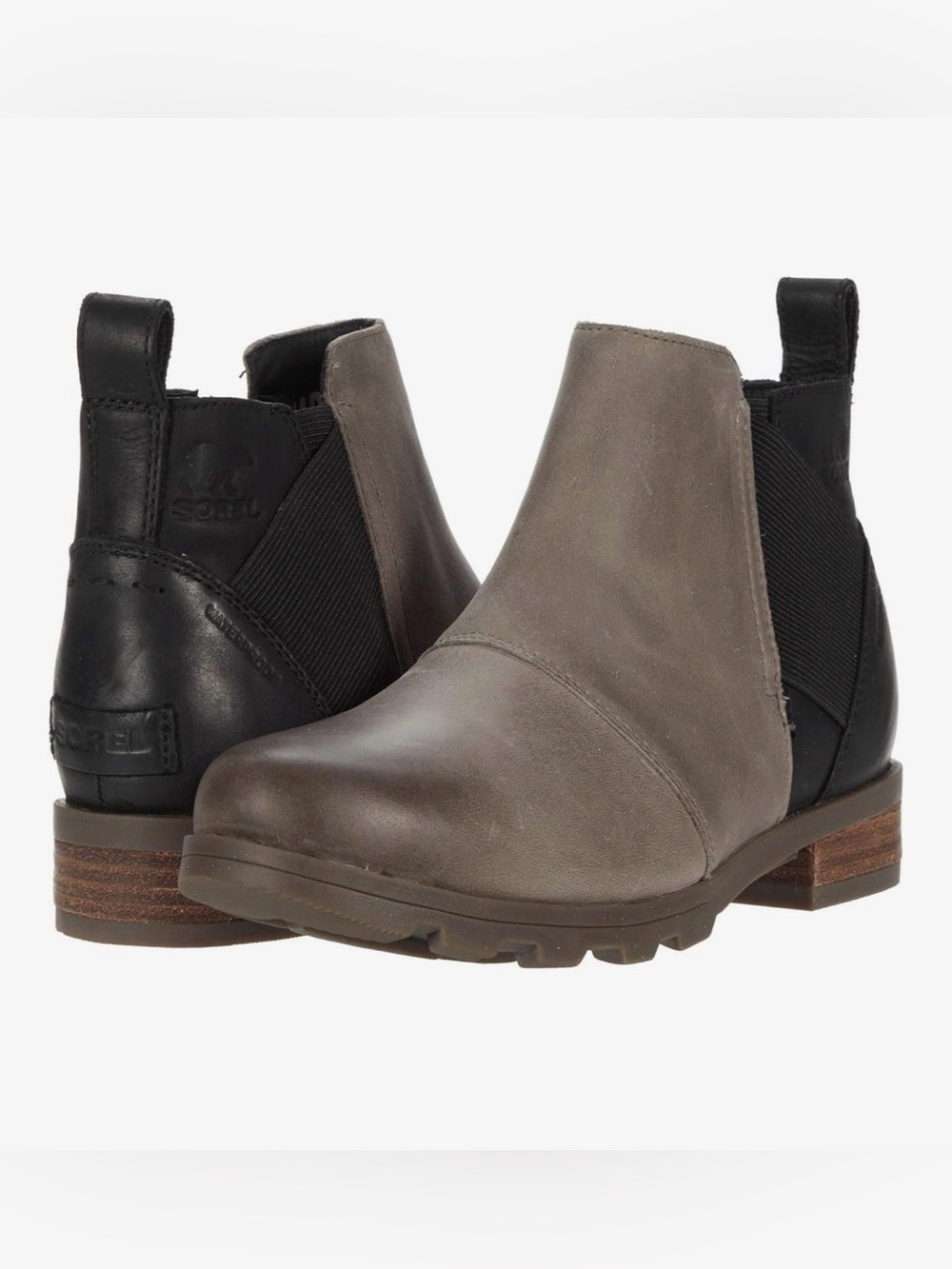 Sorel Emelie Chelsea waterproof leather boots in quarry and black